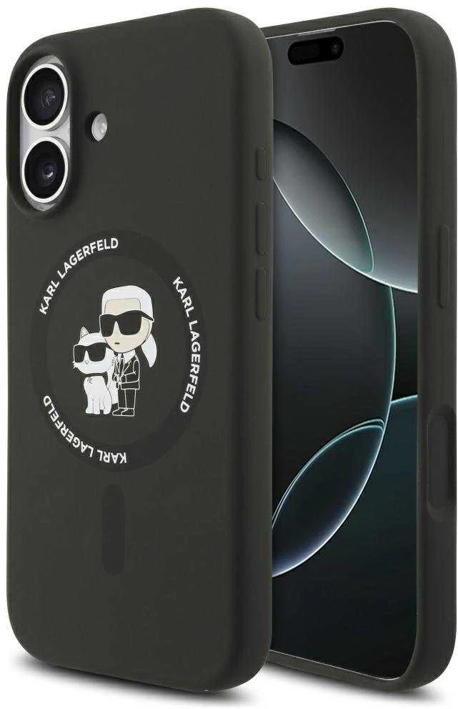 Karl Lagerfeld Liquid Silicone Karl and Choupette MagSafe dėklas skirtas Apple iPhone 17 juodos spalvos