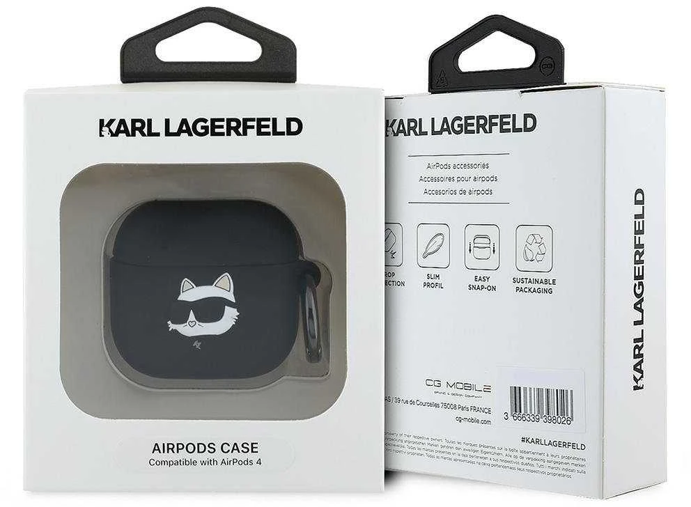 Dėklas Karl Lagerfeld KLA4RUNCHK AirPods 4 cover juodos spalvos silikoninis Choupette Head 3D