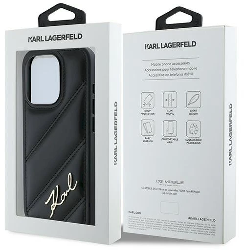 Karl Lagerfeld KLHCP15LPQDSMGK Apple iPhone 15 Pro 6.1″ juodos spalvos kietas dėklas Diagonal Quilted Script