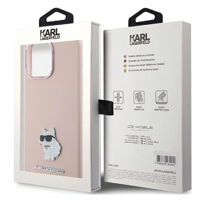Apple iPhone 15 Plus Karl Lagerfeld silikoninis dėklas Choupette Metal Pin (KLHCP15MSMHCNPP) rožinės spalvos