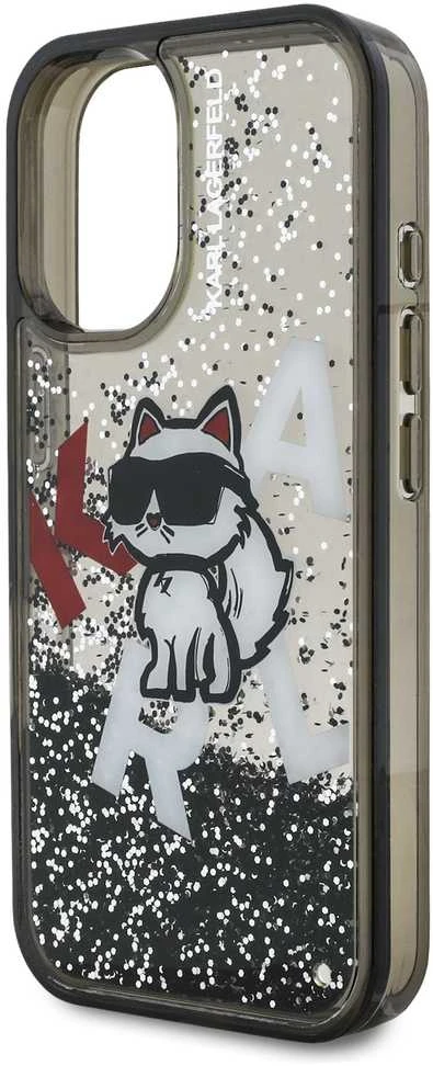 Karl Lagerfeld Liquid Glitter Scattered Choupette dėklas Apple iPhone 16 juodos spalvos