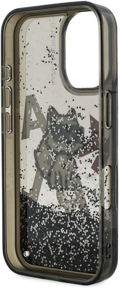 Karl Lagerfeld Liquid Glitter Scattered Choupette dėklas Apple iPhone 16 juodos spalvos