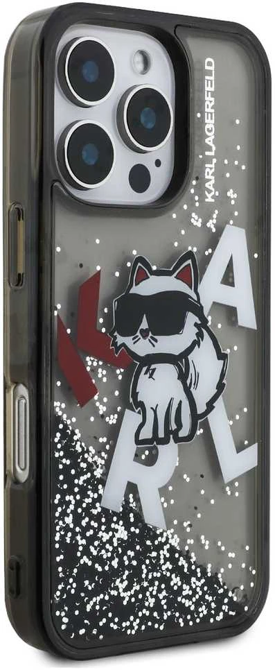 Karl Lagerfeld Liquid Glitter Scattered Choupette dėklas Apple iPhone 16 Pro Max juodos spalvos