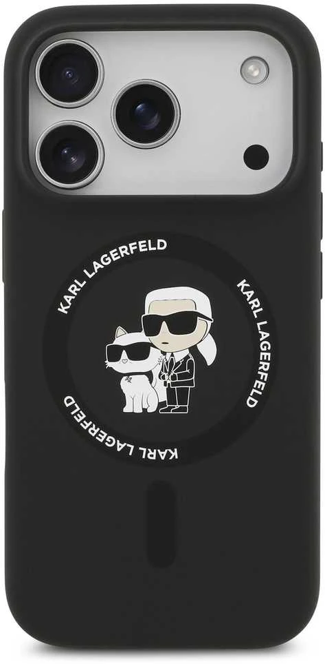 Dėklas Karl Lagerfeld Silicone Karl&Choupette Ring MagSafe skirtas iPhone 17 Pro Max juodos spalvos