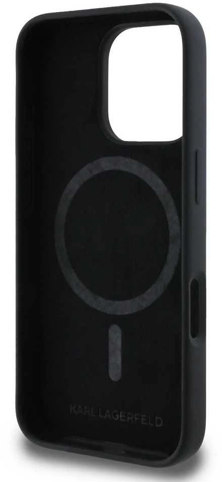 Karl Lagerfeld Liquid silikoninis Karl Head MagSafe Apple iPhone 16 Pro dėklas telefonui juodos spalvos