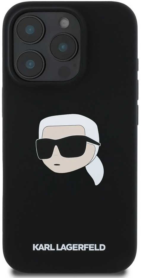 Karl Lagerfeld Liquid silikoninis Karl Head MagSafe Apple iPhone 16 Pro dėklas telefonui juodos spalvos