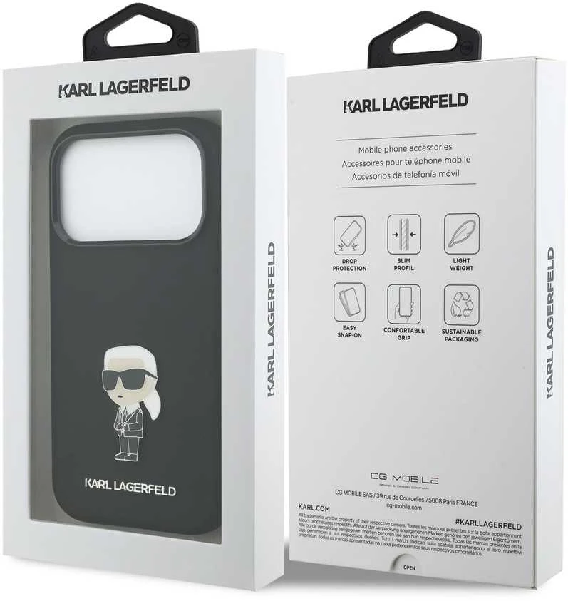 Karl Lagerfeld Liquid Silicone Metal Ikonik dėklas skirtas Apple iPhone 17 Pro juodos spalvos