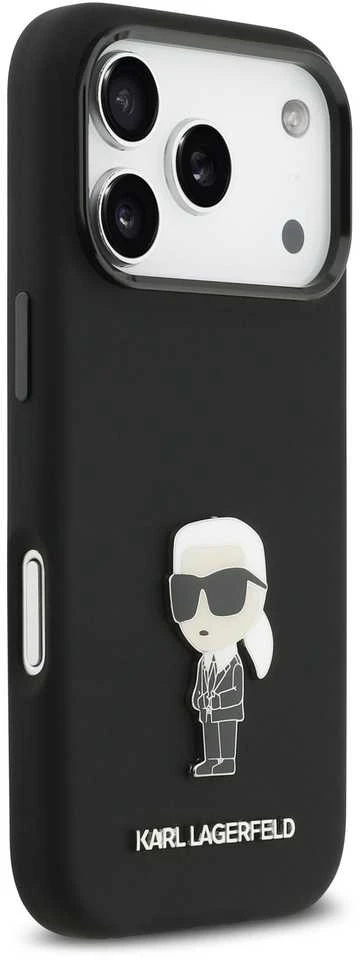 Karl Lagerfeld Liquid Silicone Metal Ikonik dėklas skirtas Apple iPhone 17 Pro juodos spalvos
