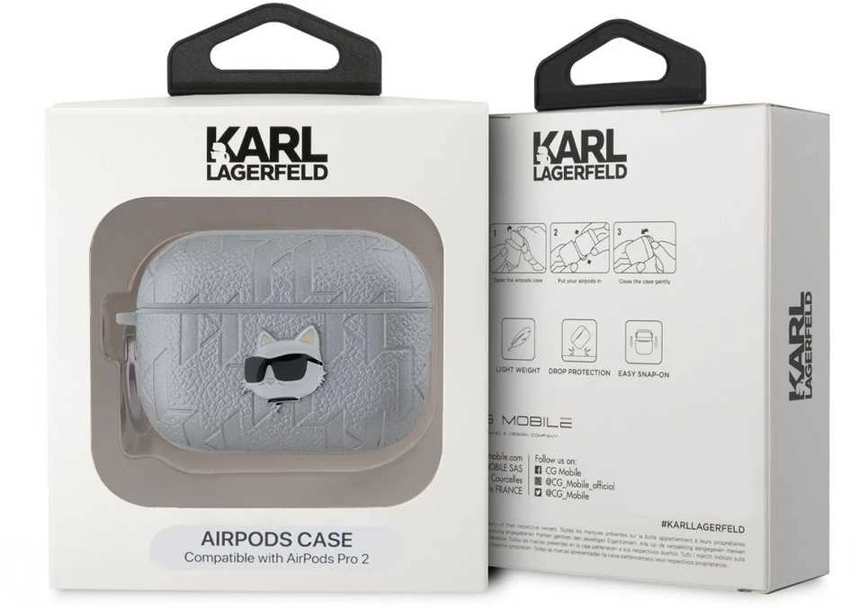 Karl Lagerfeld PU Embossed Choupette Head dėklas ausinėms AirPods Pro 2 sidabrinės spalvos