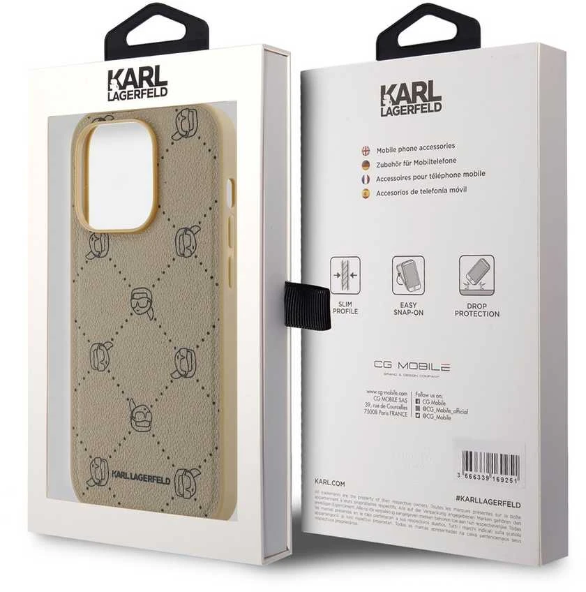 Karl Lagerfeld PU Karl Heads Pattern MagSafe dėklas telefonui Apple iPhone 14 Pro Max rusvai gelsvas