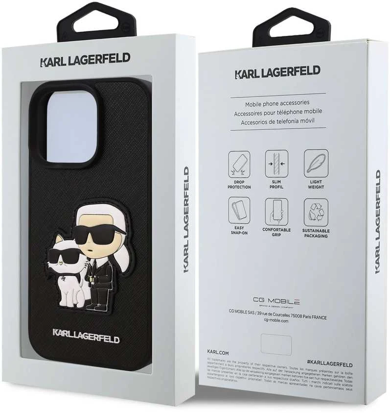 Karl Lagerfeld PU Saffiano Karl and Choupette Apple iPhone 16 Pro Max dėklas telefonui juodos spalvos
