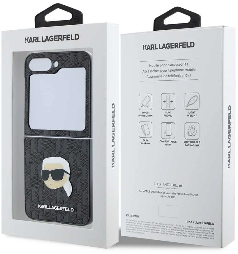 Karl Lagerfeld PU Saffiano Monogram Karl Head Samsung Galaxy Z Flip6 dėklas telefonui juodos spalvos