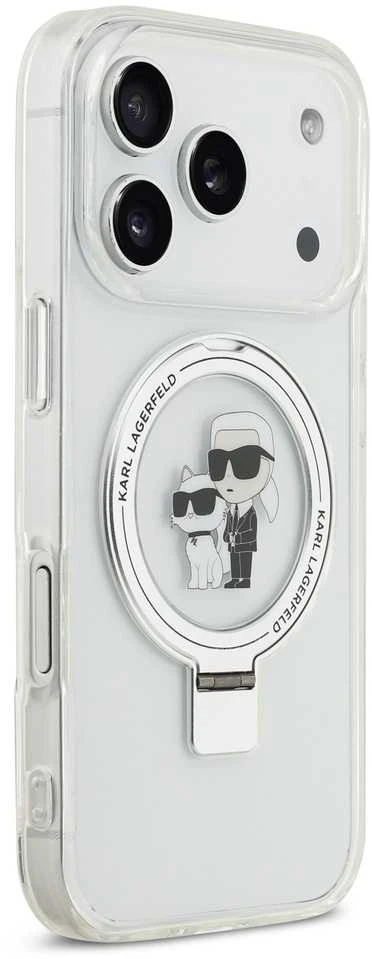 Karl Lagerfeld Ringstand Karl and Choupette MagSafe dėklas skirtas Apple iPhone 17 Pro baltos spalvos