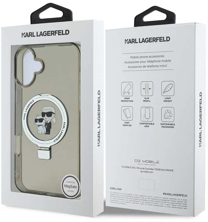 Karl Lagerfeld Ringstand Karl and Choupette MagSafe Apple iPhone 16 dėklas telefonui juodos spalvos
