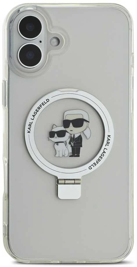 Karl Lagerfeld Ringstand Karl and Choupette MagSafe Apple iPhone 16 Plus dėklas telefonui baltos spalvos