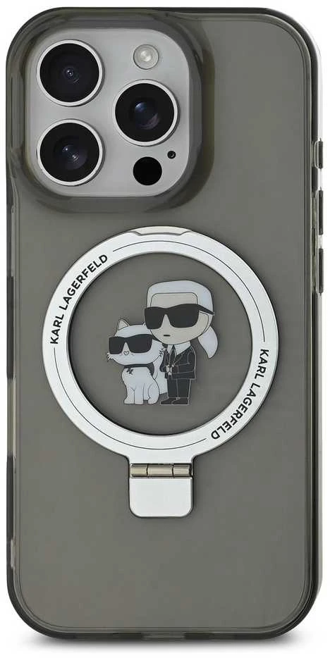 Karl Lagerfeld Ringstand Karl and Choupette MagSafe Apple iPhone 16 Pro Max dėklas telefonui juodos spalvos
