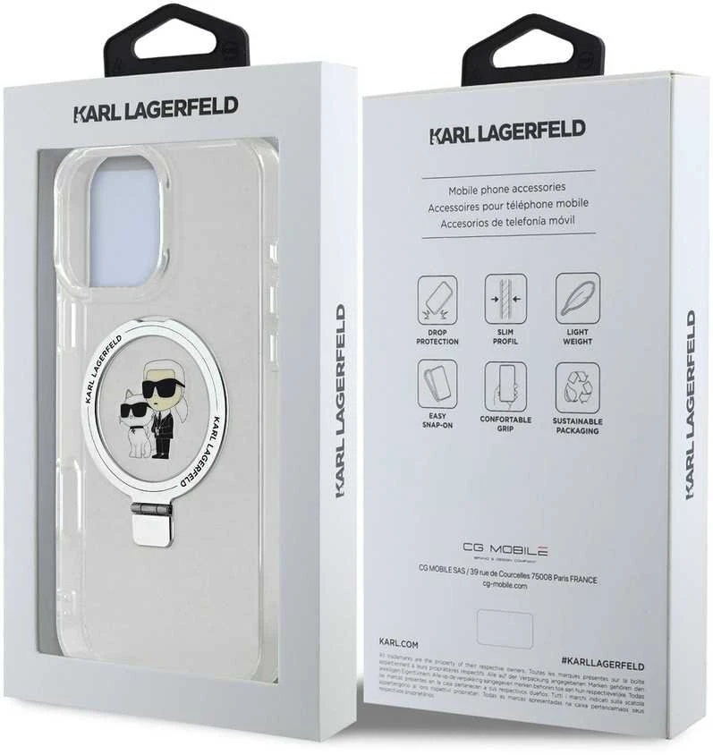 Karl Lagerfeld Ringstand Karl and Choupette MagSafe Apple iPhone 16 Pro Max dėklas telefonui baltos spalvos