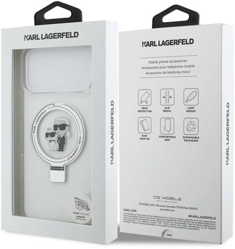 Karl Lagerfeld Ringstand Karl and Choupette MagSafe dėklas skirtas Apple iPhone 17 Pro Max baltos spalvos