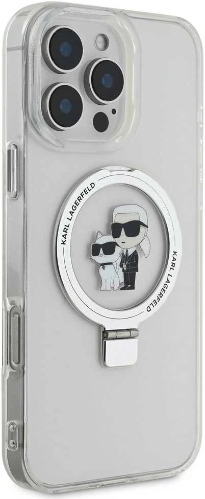 Karl Lagerfeld Ringstand Karl and Choupette MagSafe Apple iPhone 16 Pro Max dėklas telefonui baltos spalvos