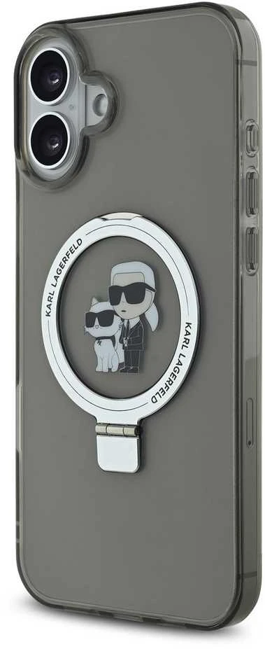 Karl Lagerfeld Ringstand Karl and Choupette MagSafe Apple iPhone 16 dėklas telefonui juodos spalvos