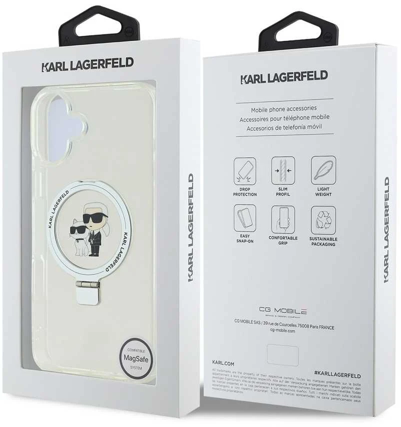 Karl Lagerfeld Ringstand Karl and Choupette MagSafe Apple iPhone 16 Plus dėklas telefonui baltos spalvos