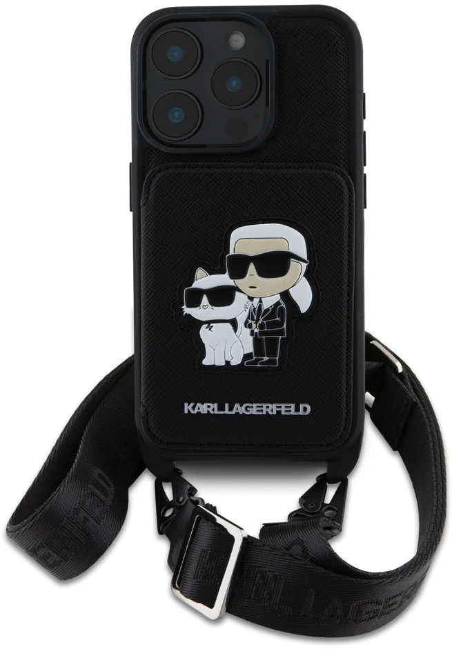 Karl Lagerfeld Saffiano Crossbody Strap Karl and Choupette Apple iPhone 16 Pro Max dėklas telefonui juodos spalvos
