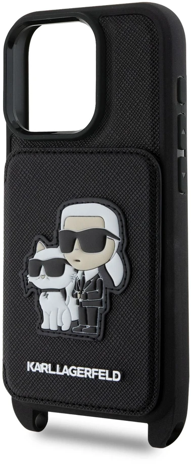 Karl Lagerfeld Saffiano Crossbody Strap Karl and Choupette Apple iPhone 16 Pro Max dėklas telefonui juodos spalvos