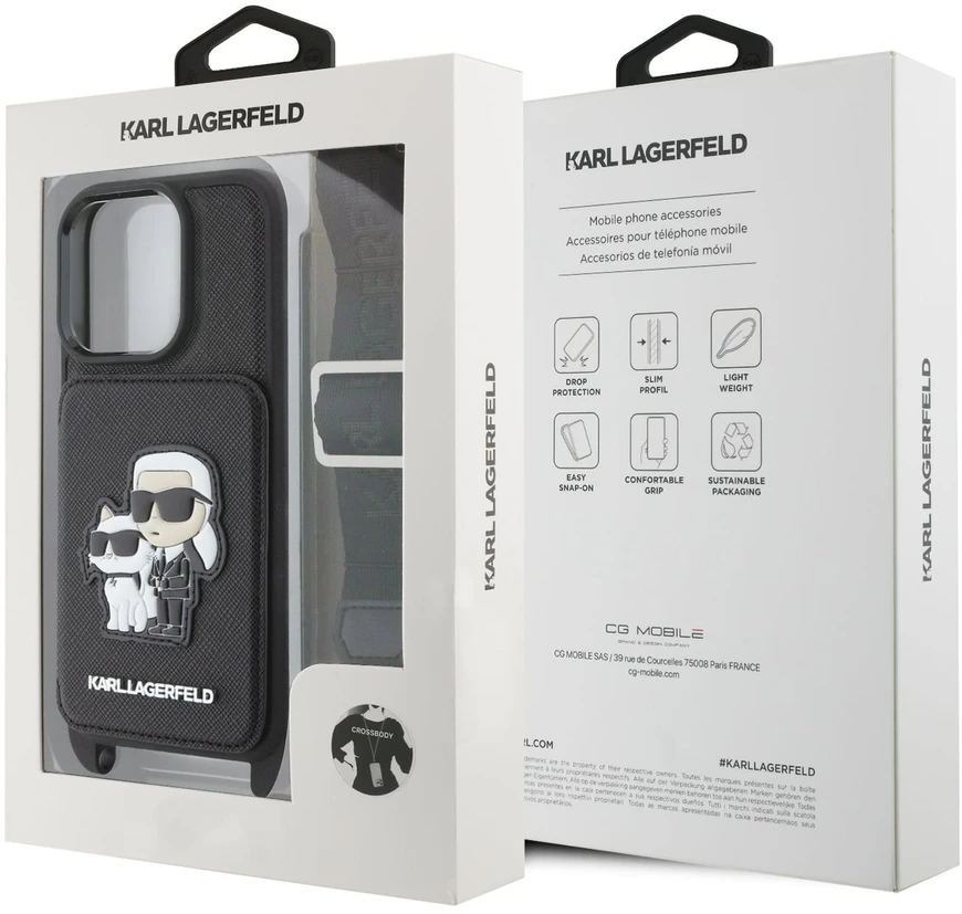 Karl Lagerfeld Saffiano Crossbody Strap Karl and Choupette Apple iPhone 16 Pro Max dėklas telefonui juodos spalvos