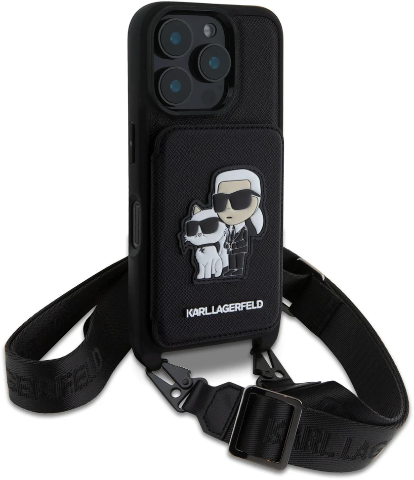 Karl Lagerfeld Saffiano Crossbody Strap Karl and Choupette Apple iPhone 16 Pro Max dėklas telefonui juodos spalvos