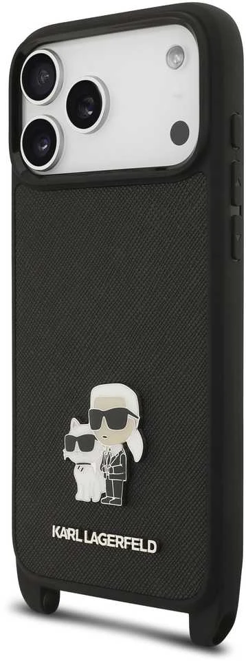Karl Lagerfeld Saffiano Crossbody Strap Metal Karl and Choupette dėklas skirtas Apple iPhone 17 Pro juodos spalvos