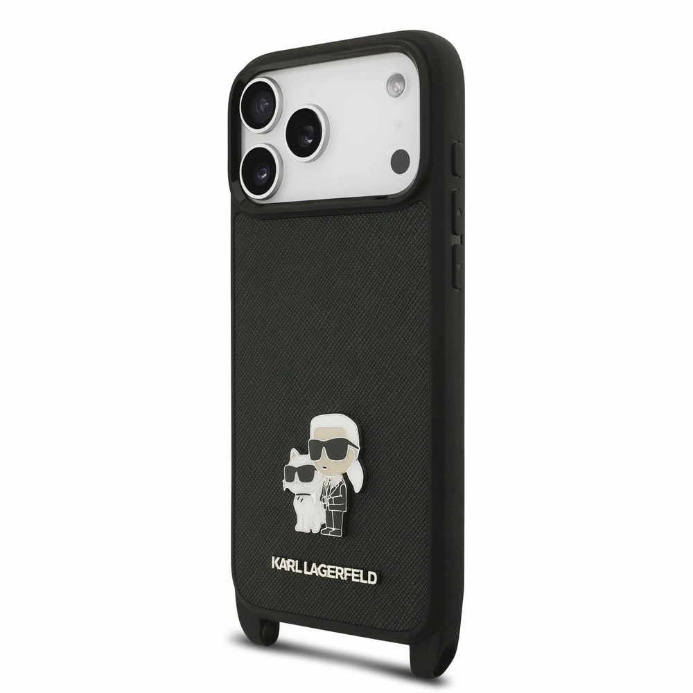 Karl Lagerfeld Saffiano Crossbody Strap Karl and Choupette dėklas iPhone 18 Pro Max, juodas