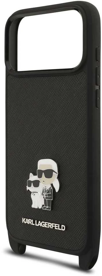 Karl Lagerfeld Saffiano Crossbody Strap Metal Karl and Choupette dėklas skirtas Apple iPhone 17 Pro juodos spalvos