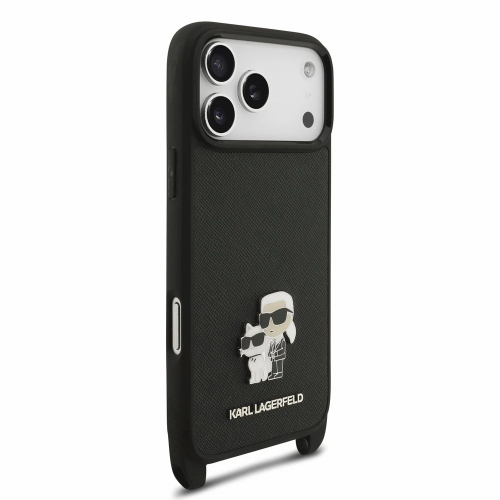Karl Lagerfeld Saffiano Crossbody Strap Karl and Choupette dėklas iPhone 18 Pro Max, juodas
