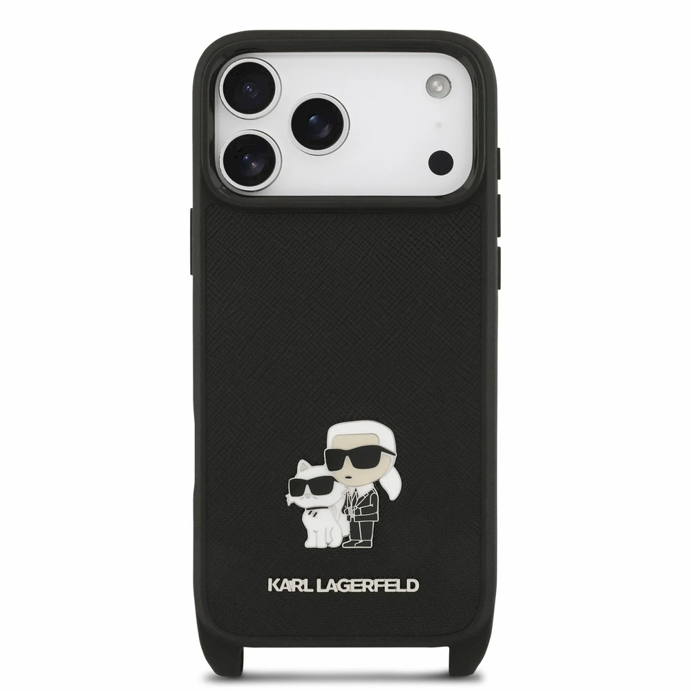 Karl Lagerfeld Saffiano Crossbody dirželis Karl and Choupette dėklas iPhone 18 Pro juodas
