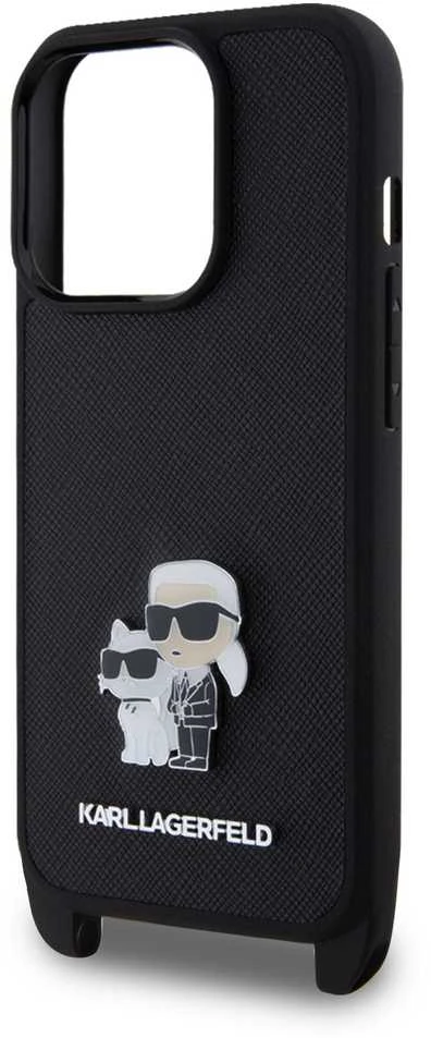 Karl Lagerfeld Saffiano Crossbody Strap Metal Karl and Choupette dėklas telefonui Apple iPhone 15 Pro juodos spalvos