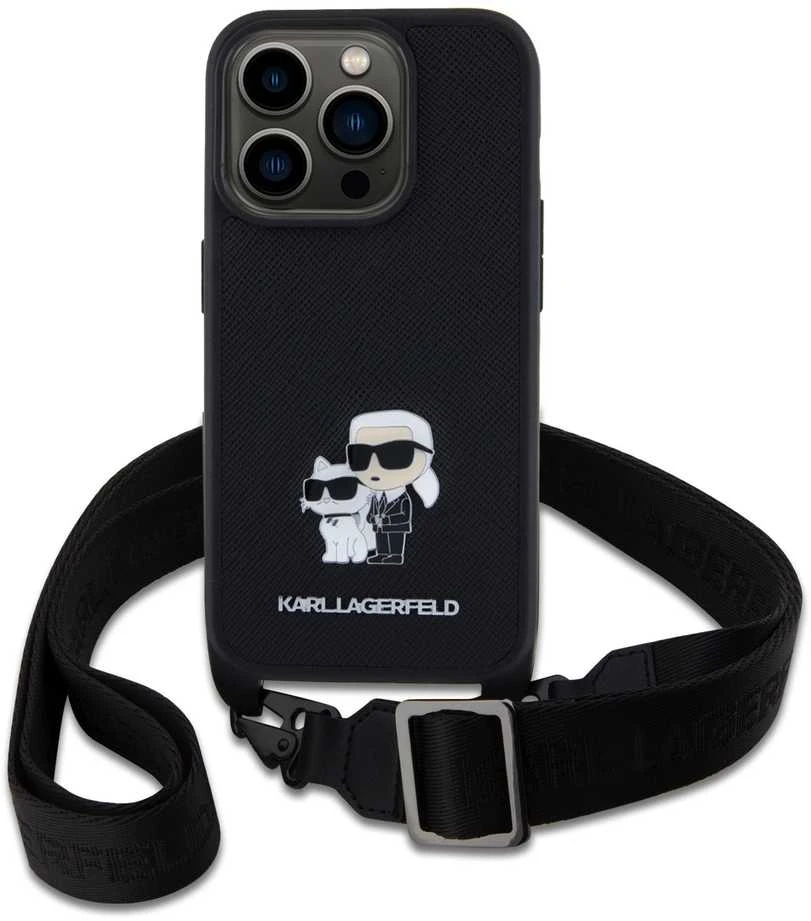 Karl Lagerfeld Saffiano Crossbody Strap Metal Karl and Choupette dėklas telefonui Apple iPhone 15 Pro juodos spalvos