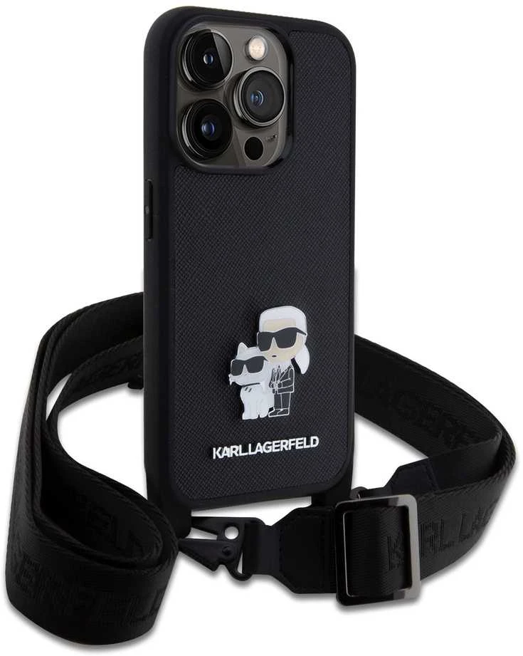Karl Lagerfeld Saffiano Crossbody Strap Metal Karl and Choupette dėklas telefonui Apple iPhone 15 Pro juodos spalvos