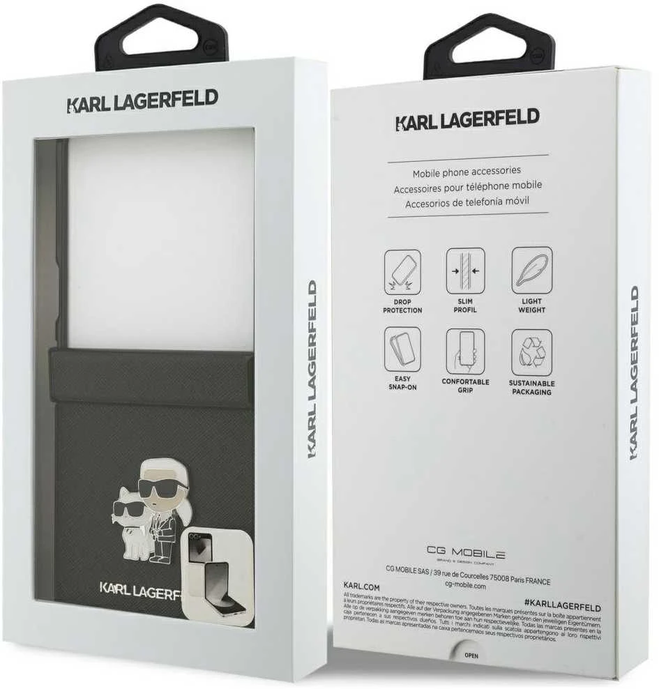 Karl Lagerfeld Saffiano Karl&Choupette Pin dėklas skirtas Samsung Galaxy Z Flip7 Juodas