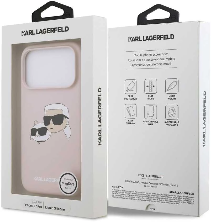 Karl Lagerfeld Liquid Silicone Double Heads MagSafe dėklas skirtas Apple iPhone 17 Pro rožinės spalvos