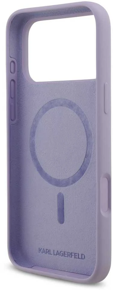 Karl Lagerfeld Liquid Silicone Karl and Choupette MagSafe dėklas skirtas Apple iPhone 17 Pro Max violetinės spalvos