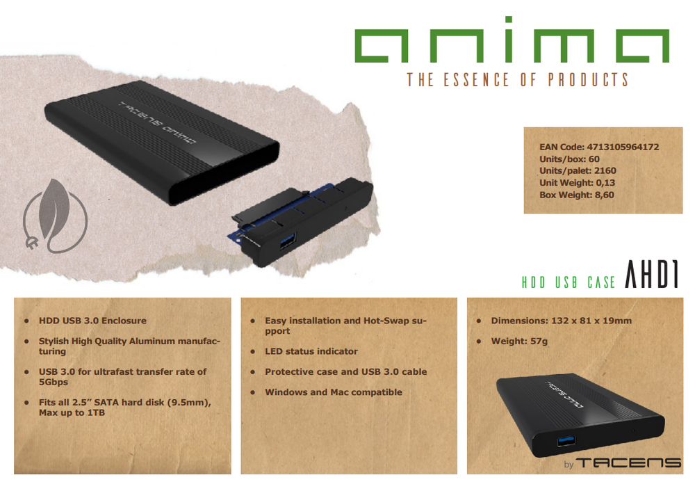 Kietasis diskas Tacens Anima AHD1 USB 3.0 2.5'' HDD Case