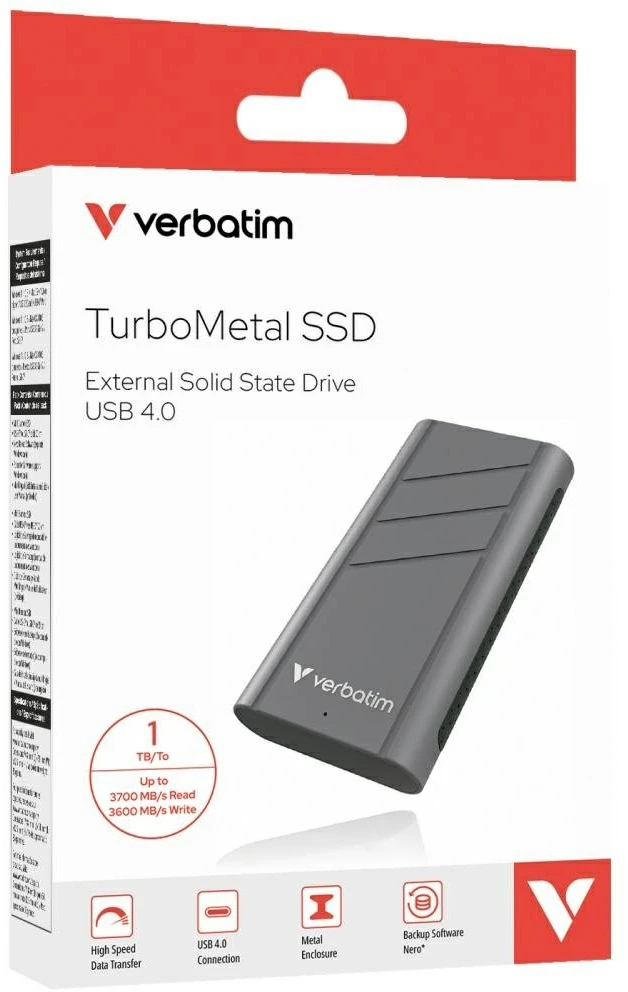 Kietasis diskas Išorinis diskas Verbatim TurboMetal SSD 1TB USB4 USB-C pilkos spalvos 32021