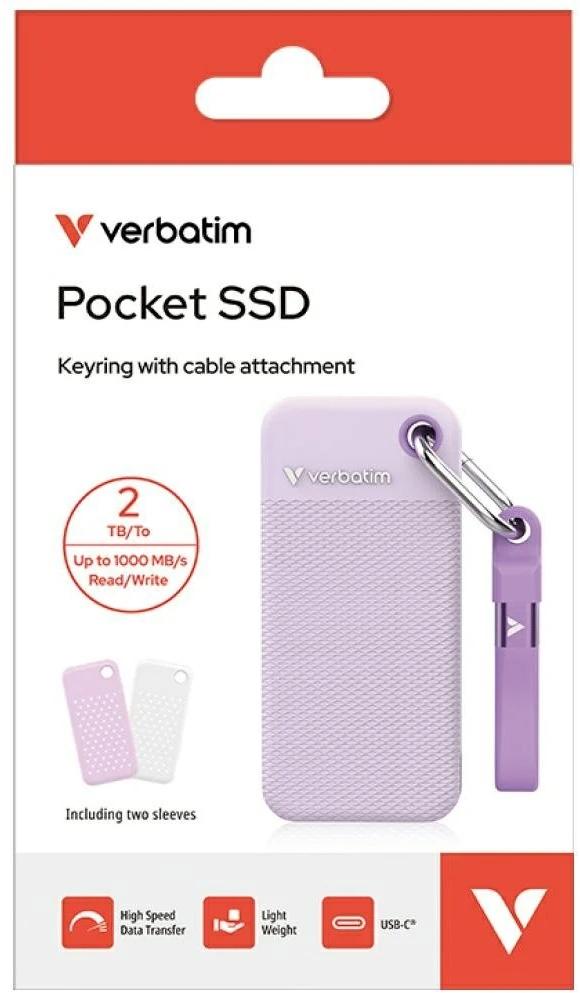Kietasis diskas Dysk Zewnętrzny Verbatim Pocket SSD 2TB USB-C 3.2 gen.2 balta-violetinė 32323