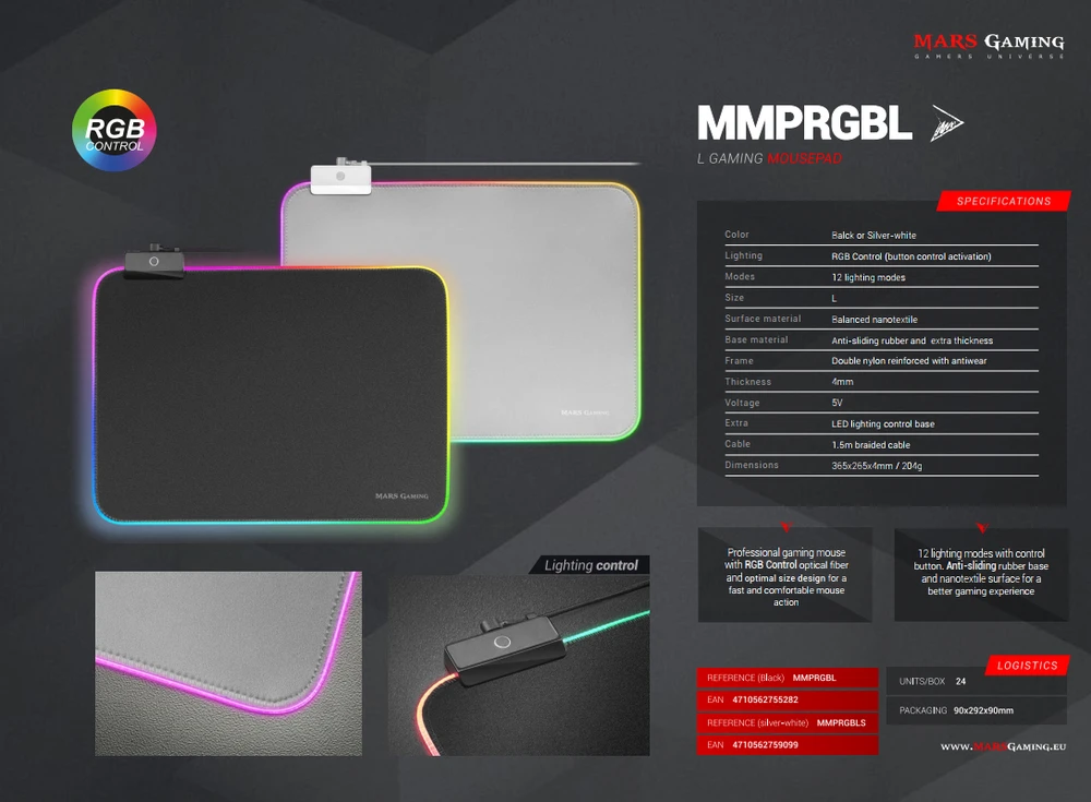 „Mars Gaming MMPRGBL RGB“ žaidimų pelės kilimėlis, 365 x 265 mm