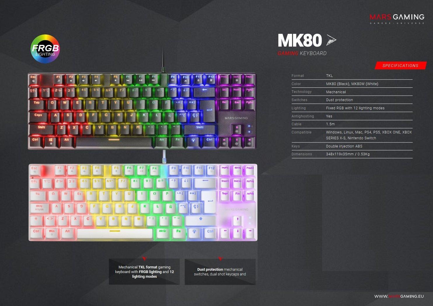 „Mars Gaming MK80“ mechaninė žaidimų klaviatūra RGB / rudas jungiklis / JAV