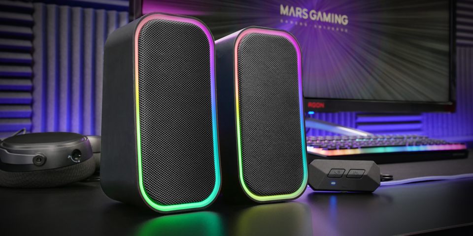 Kompiuterio kolonėlės „Mars Gaming MSOM“ USB DSP stereo garsiakalbiai kompiuteriui, 20 W / RGB / „Bluetooth 5.3“