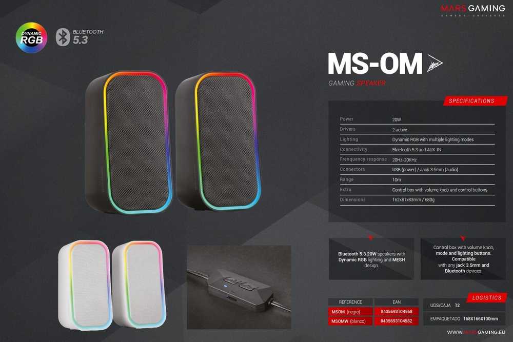 Kompiuterio kolonėlės „Mars Gaming MSOM“ USB DSP stereo garsiakalbiai kompiuteriui, 20 W / RGB / „Bluetooth 5.3“