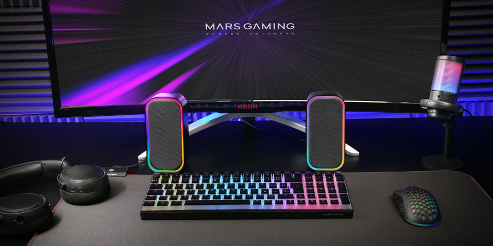 Kompiuterio kolonėlės „Mars Gaming MSOM“ USB DSP stereo garsiakalbiai kompiuteriui, 20 W / RGB / „Bluetooth 5.3“