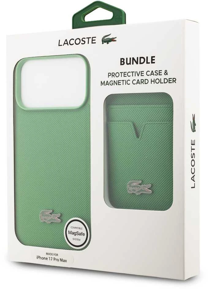 Lacoste Iconic Petit Pique MagSafe dėklas + Wallet skirtas Apple iPhone 17 Pro Max žalios spalvos