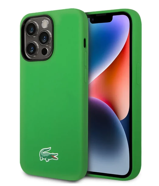 Lacoste Liquid Silicone Microfiber Croc Logo MagSafe dėklas skirtas iPhone 14 žalios spalvos